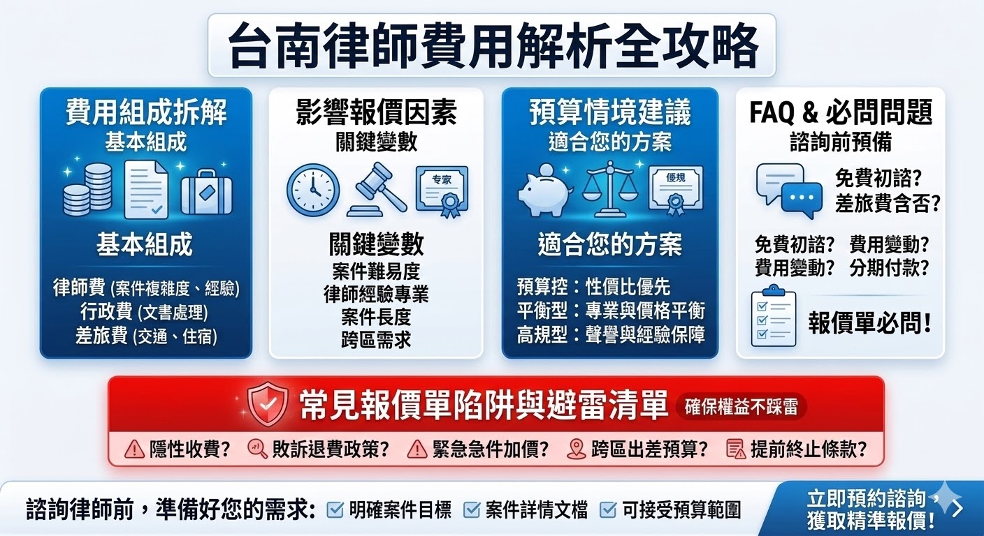 在尋找台南律師時，了解律師費用的構成與計算方式至關重要。不同的案件類型和律師的經驗會影響最終的報價。這篇文章將幫助您理解台南律師的費用組成，包括律師費用、行政費用與差旅費用等，並提供如何評估報價單的實用建議。此外，您還可以了解如何選擇合適的律師來符合您的預算需求。